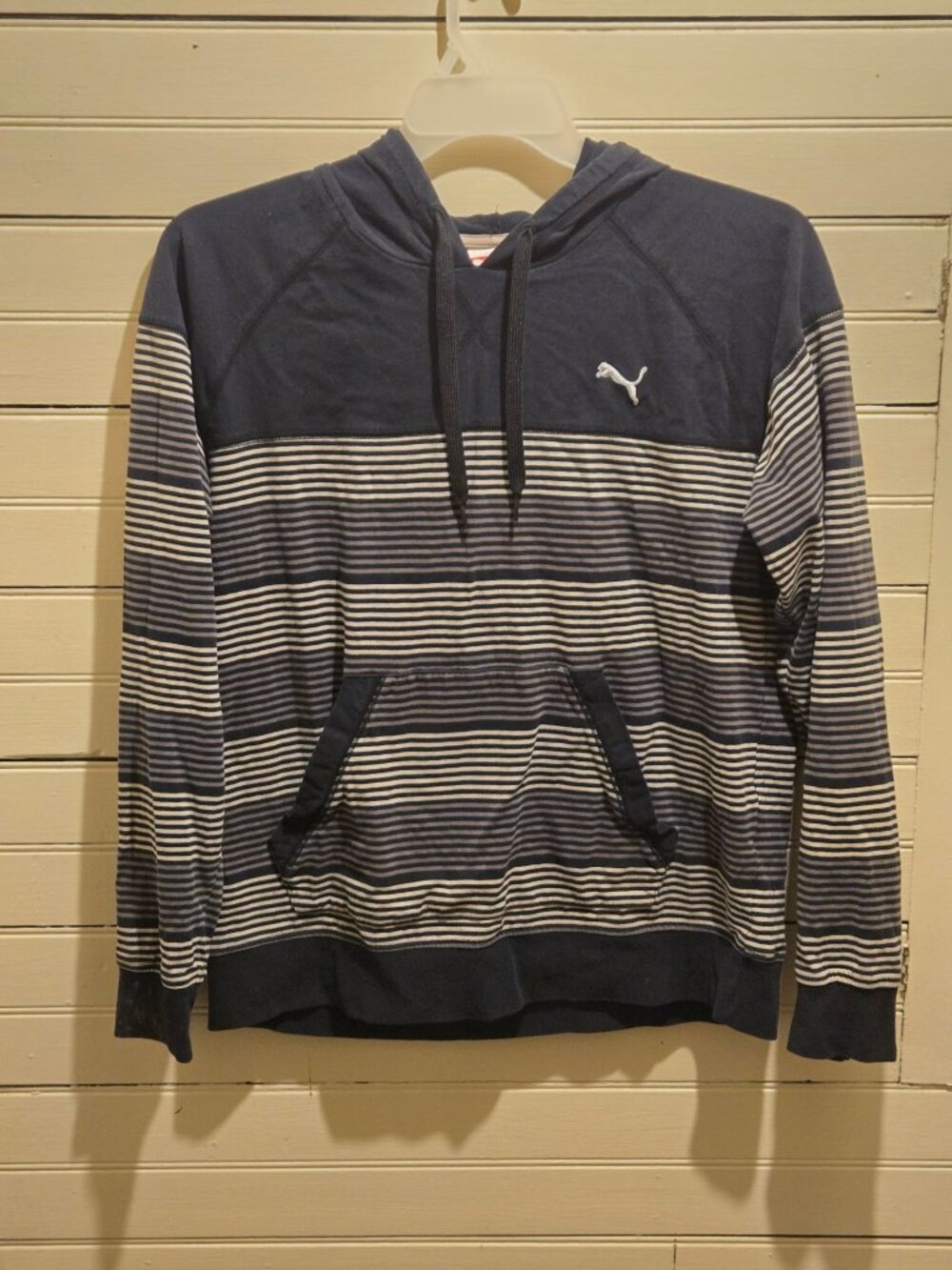 Puma Pullover Hoodie Mens M Navy White Striped Kangaroo Pocket Logo Sweatshirt
